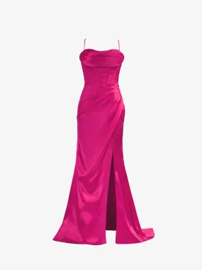 Aaliyah| Hot Pink Spaghetti Straps Satin Mermaid Prom Dress with Slit