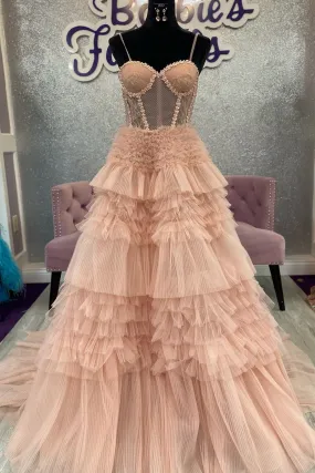 Averi | Blushing Pink Tulle Ruffle Layers Lace-Up Back A-Line Prom Dress