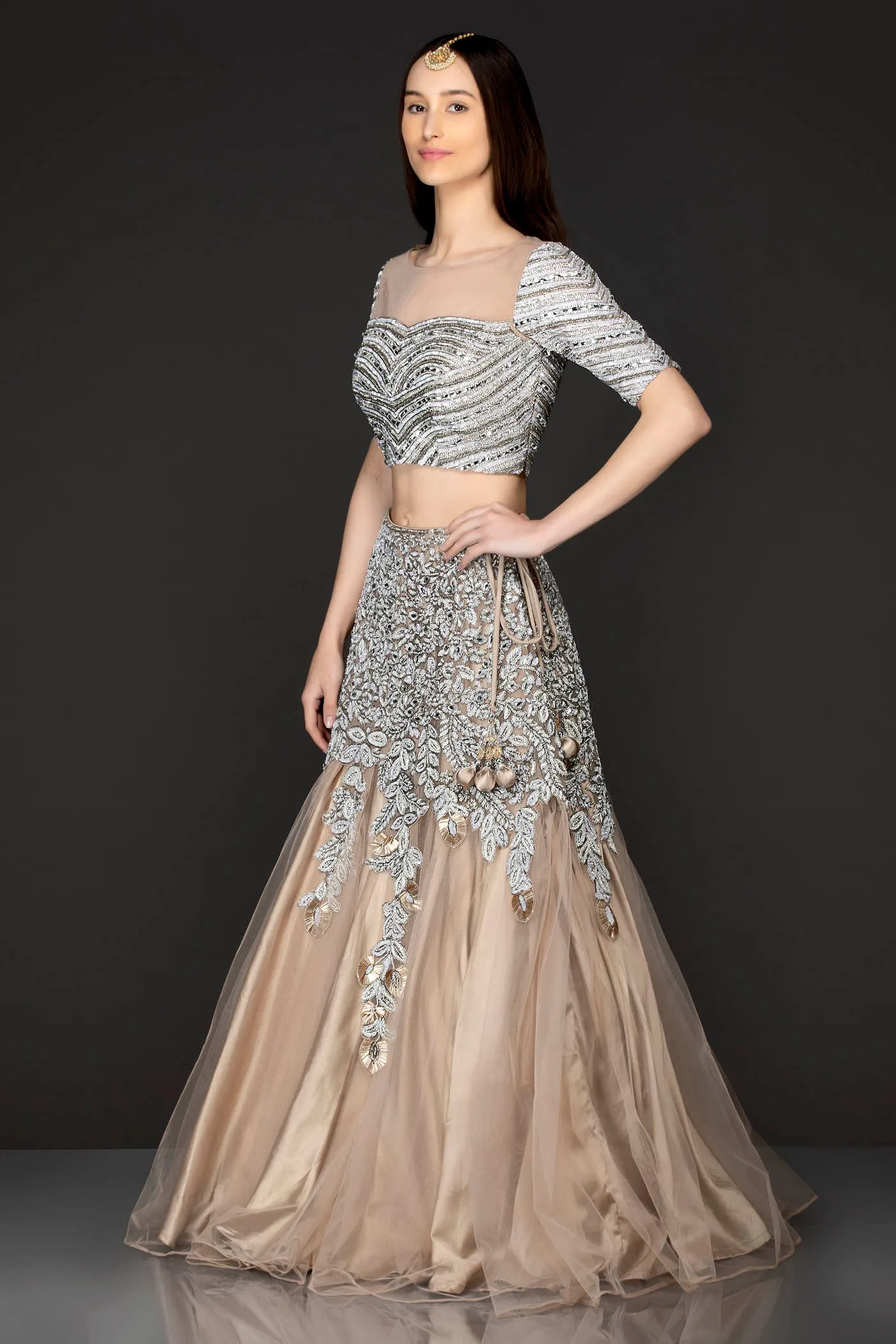 Beige Gold Net Skirt Top With Heavy Embellishment of Thread/Badla/Stone work