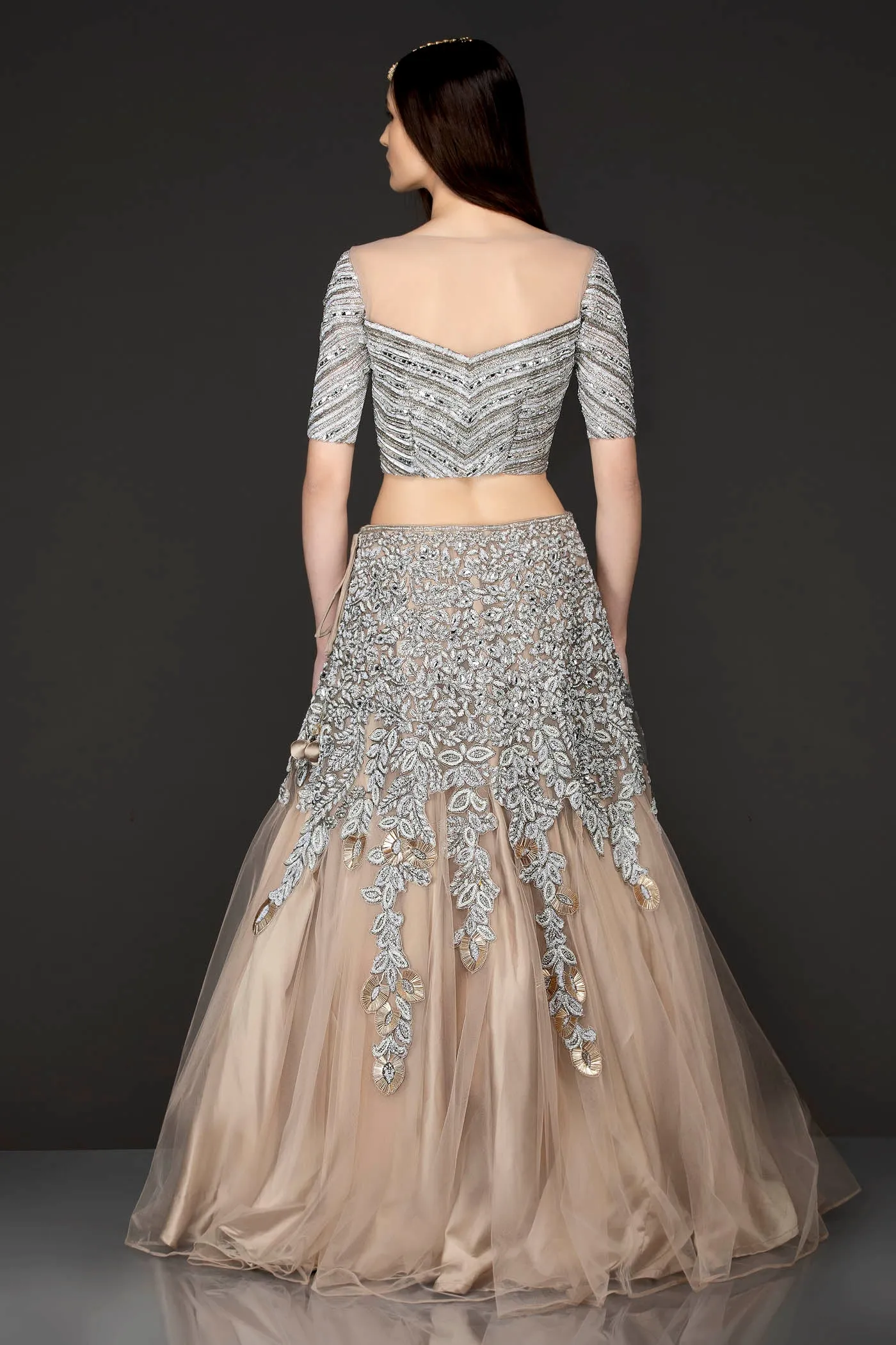Beige Gold Net Skirt Top With Heavy Embellishment of Thread/Badla/Stone work