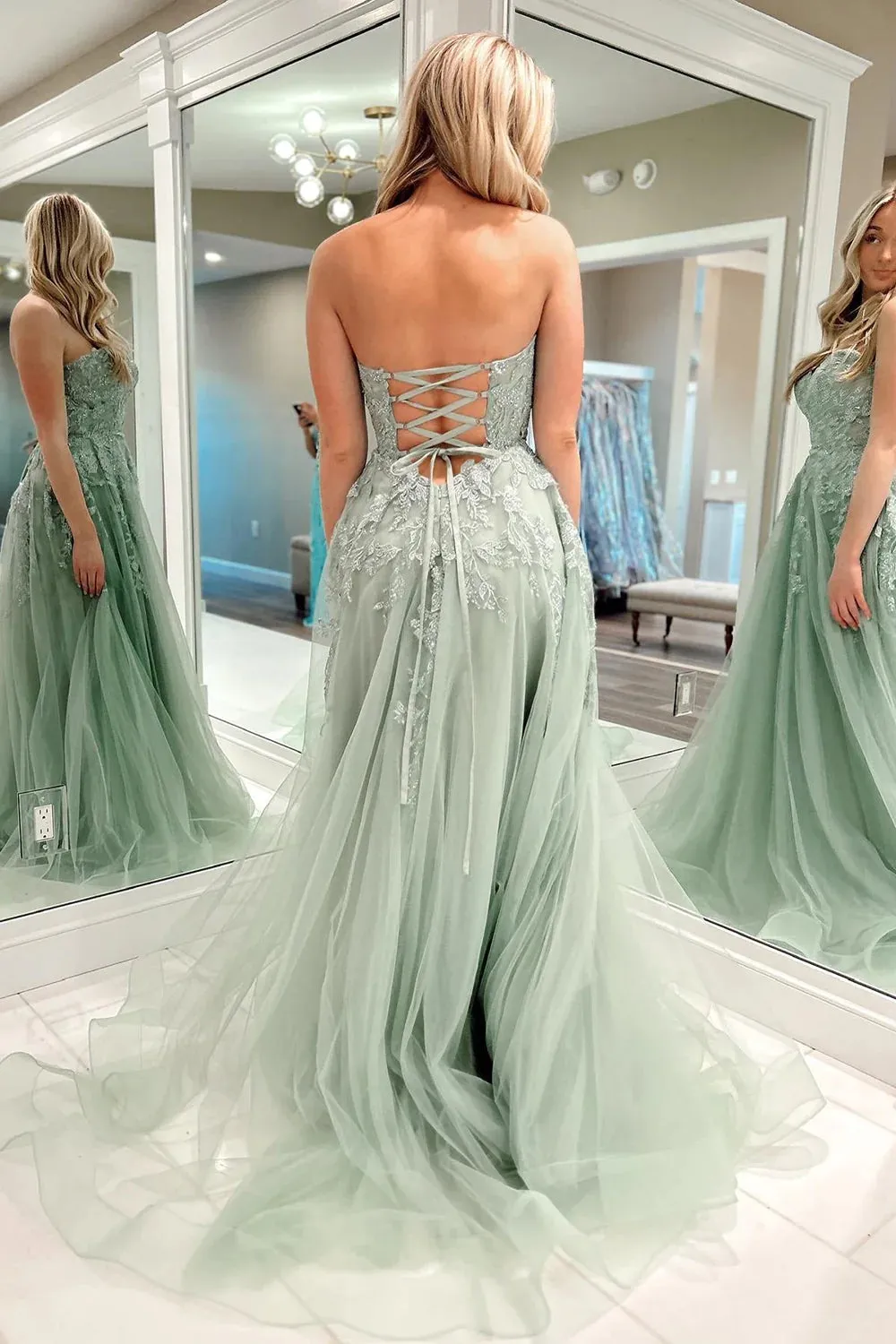 Beulah | A-Line Sweetheart Sage Green Tulle Lace Long Prom Dresses