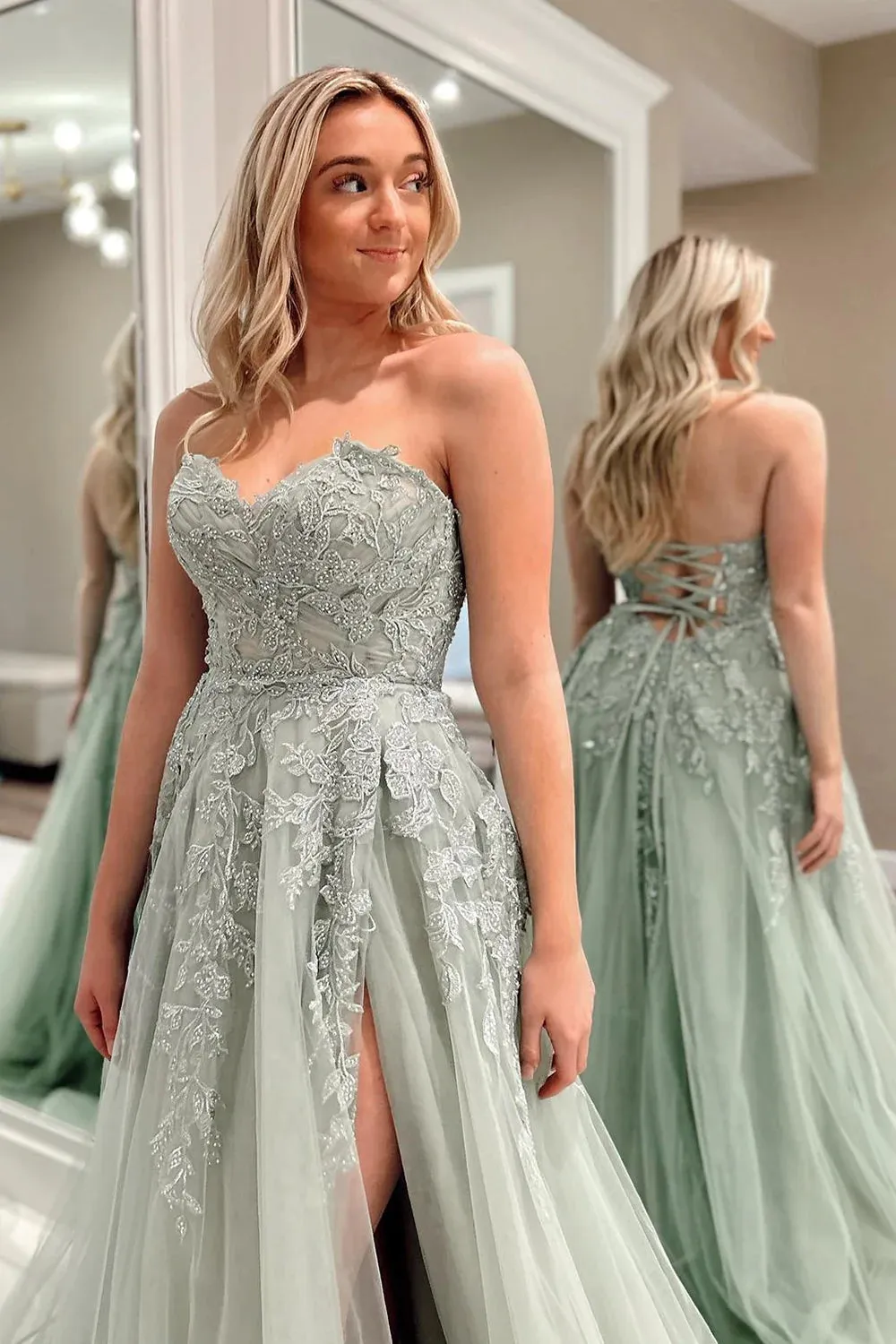Beulah | A-Line Sweetheart Sage Green Tulle Lace Long Prom Dresses