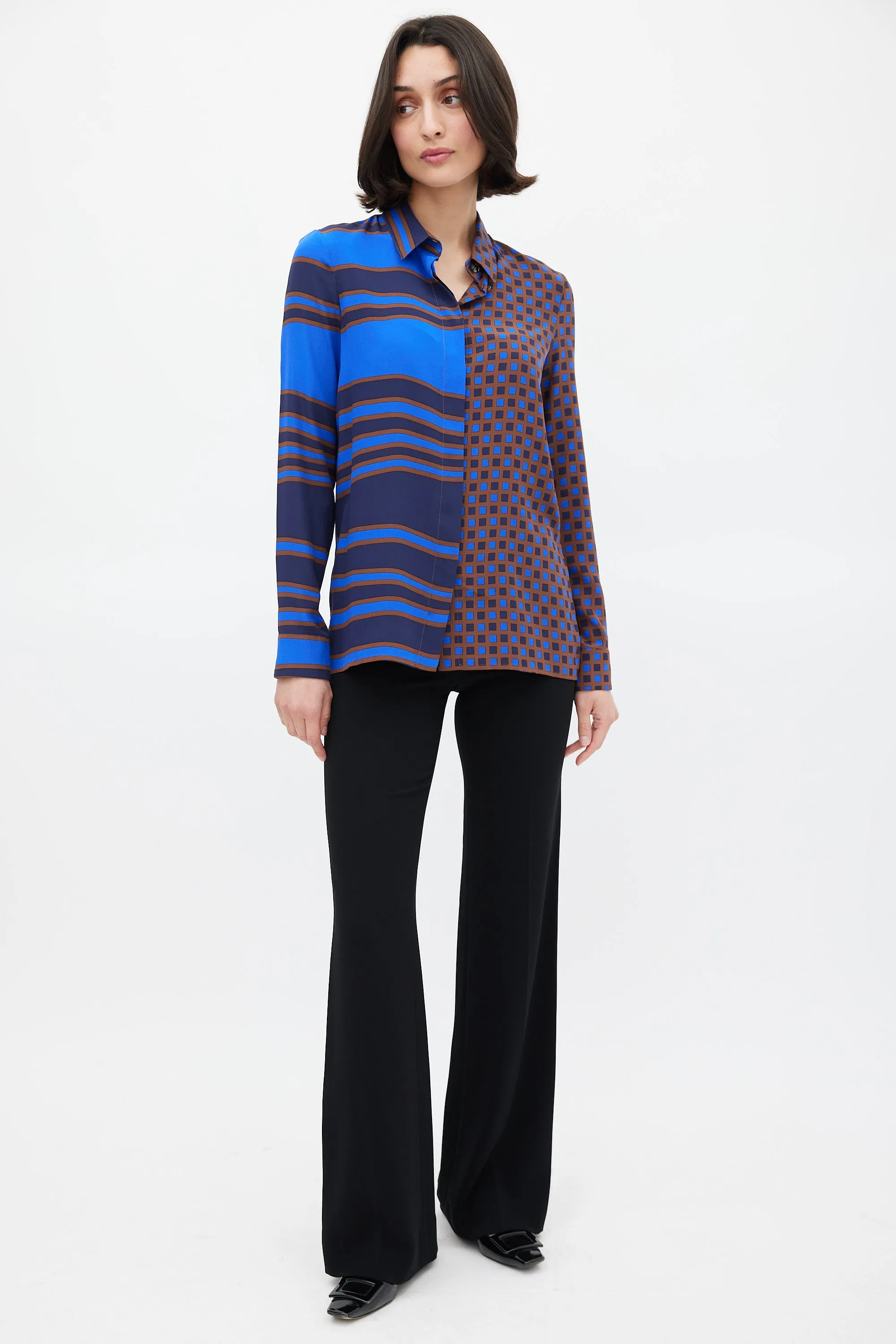Blue & Brown Silk Geometric Split Shirt