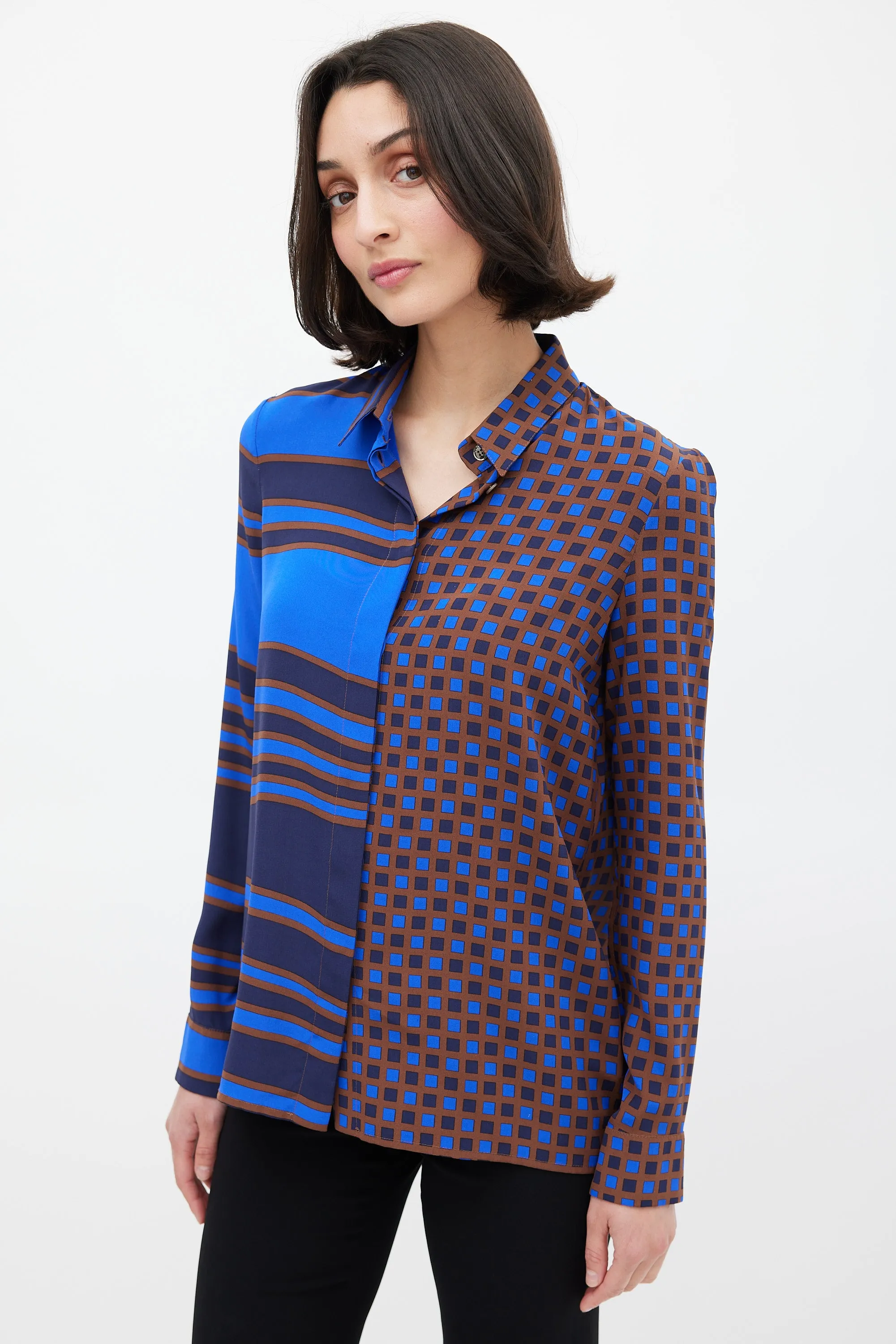 Blue & Brown Silk Geometric Split Shirt