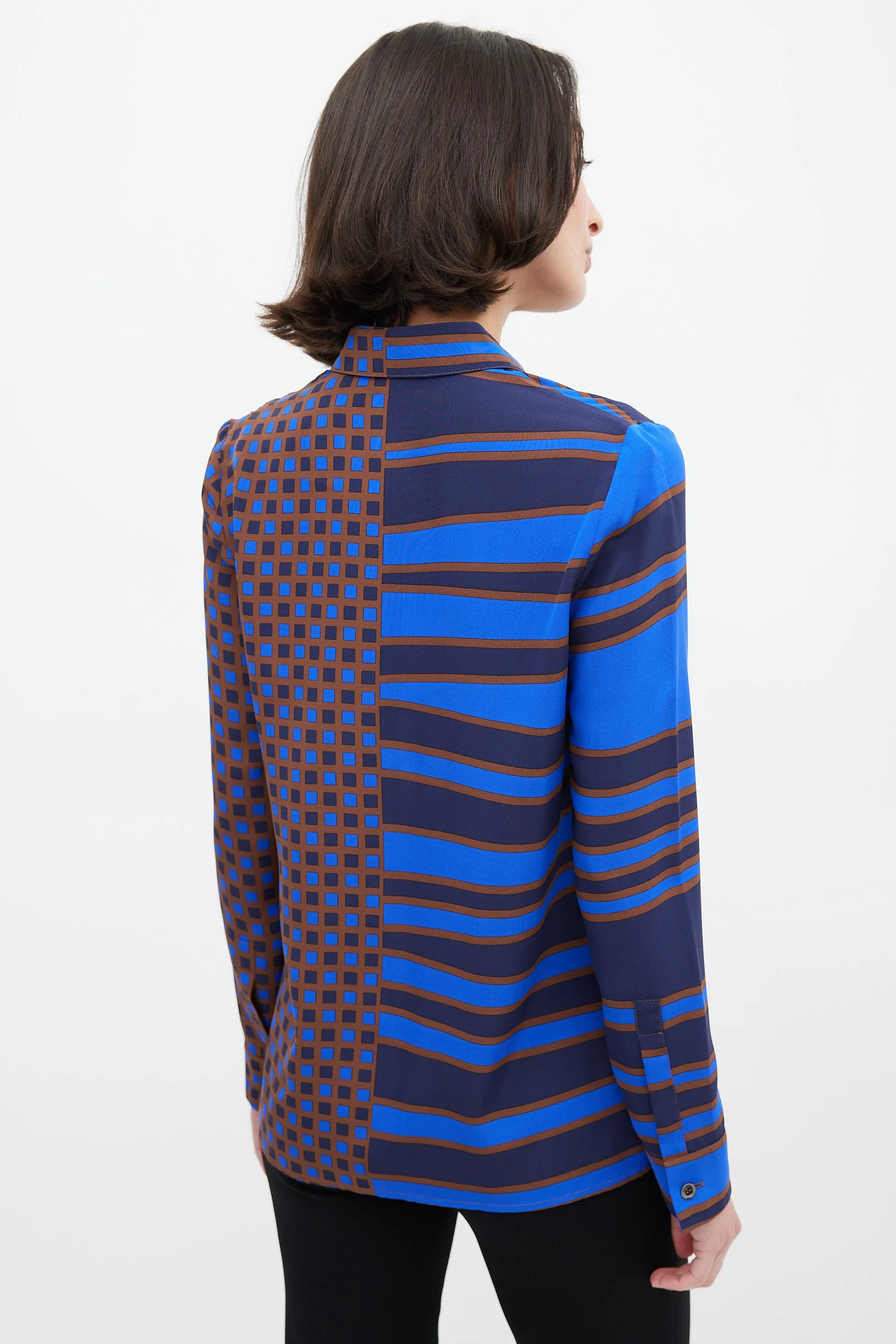 Blue & Brown Silk Geometric Split Shirt