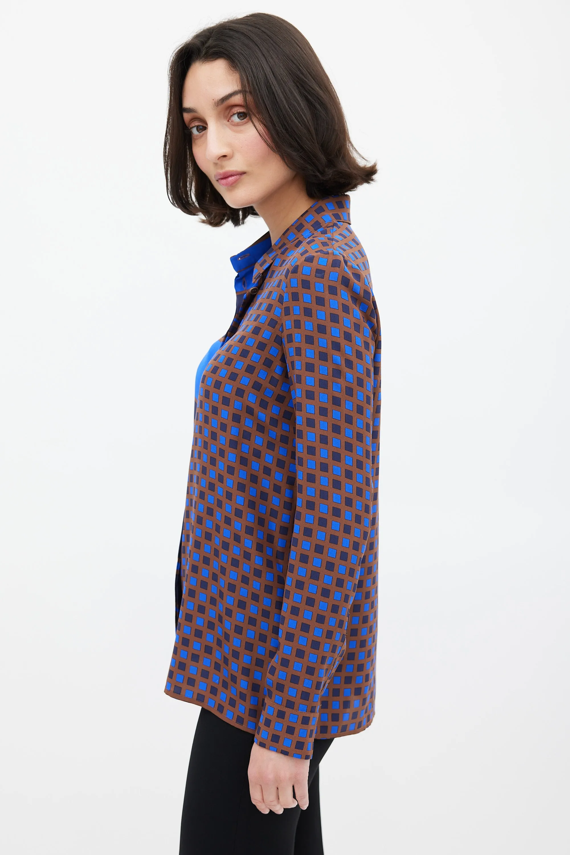 Blue & Brown Silk Geometric Split Shirt