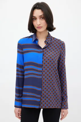 Blue & Brown Silk Geometric Split Shirt