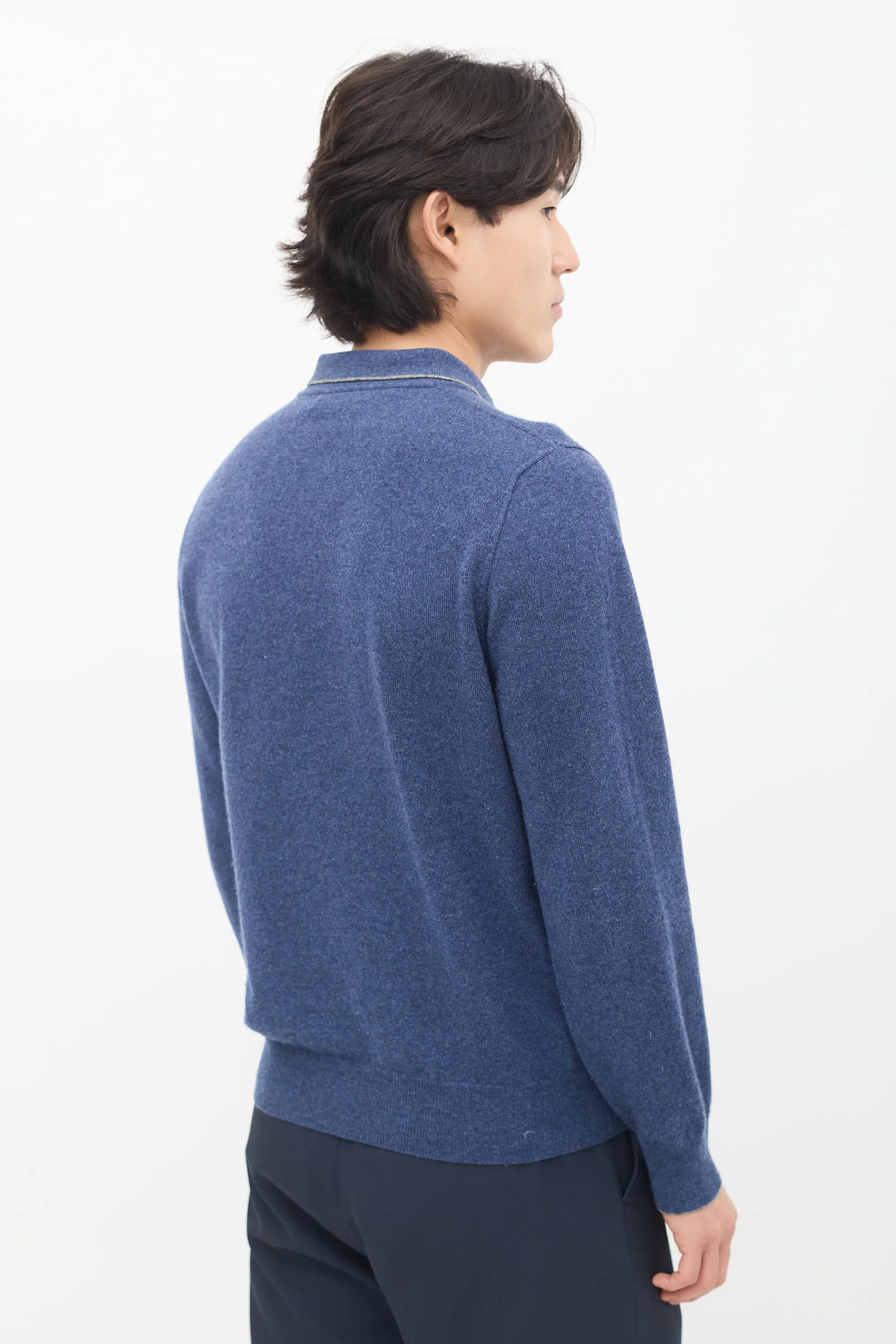 Blue Cashmere Long Sleeve Polo