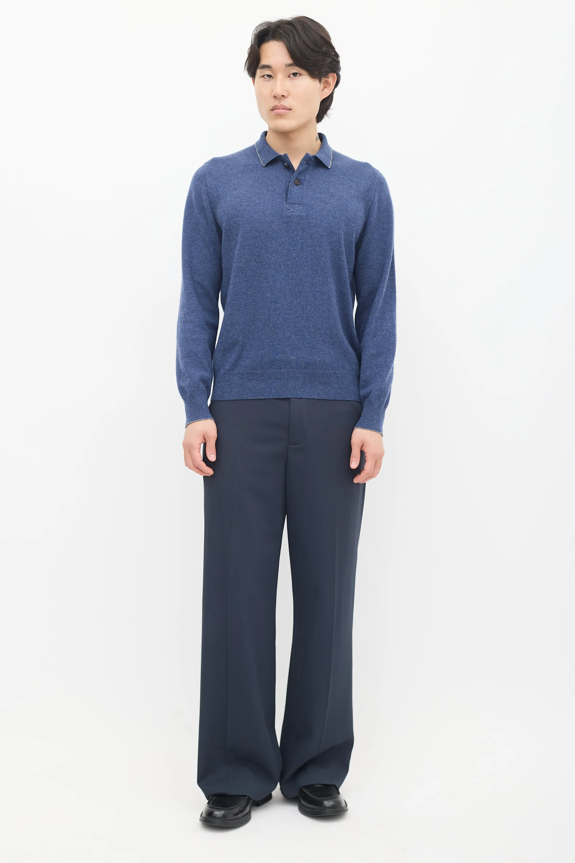Blue Cashmere Long Sleeve Polo