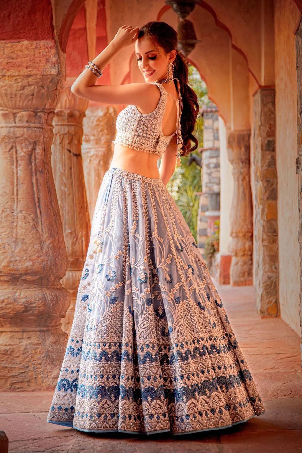 Blue embroidered Top and Skirt