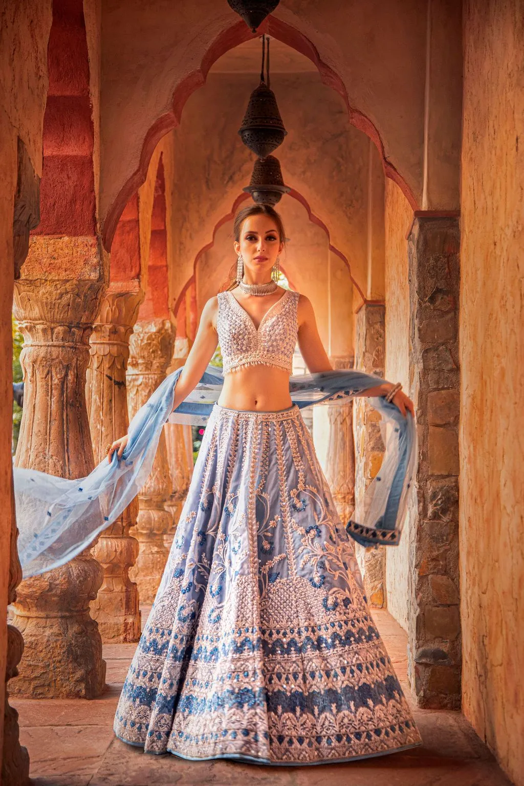 Blue embroidered Top and Skirt