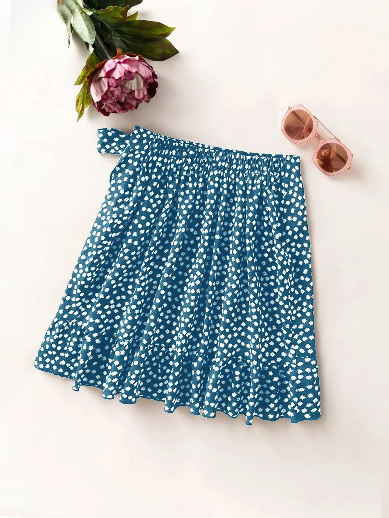 Boho Ditsy Floral Tie Front Natural Mini Women Skirt