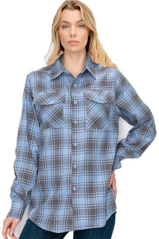 Boyfriend Fit Checker Plaid Flannel Long Sleeve