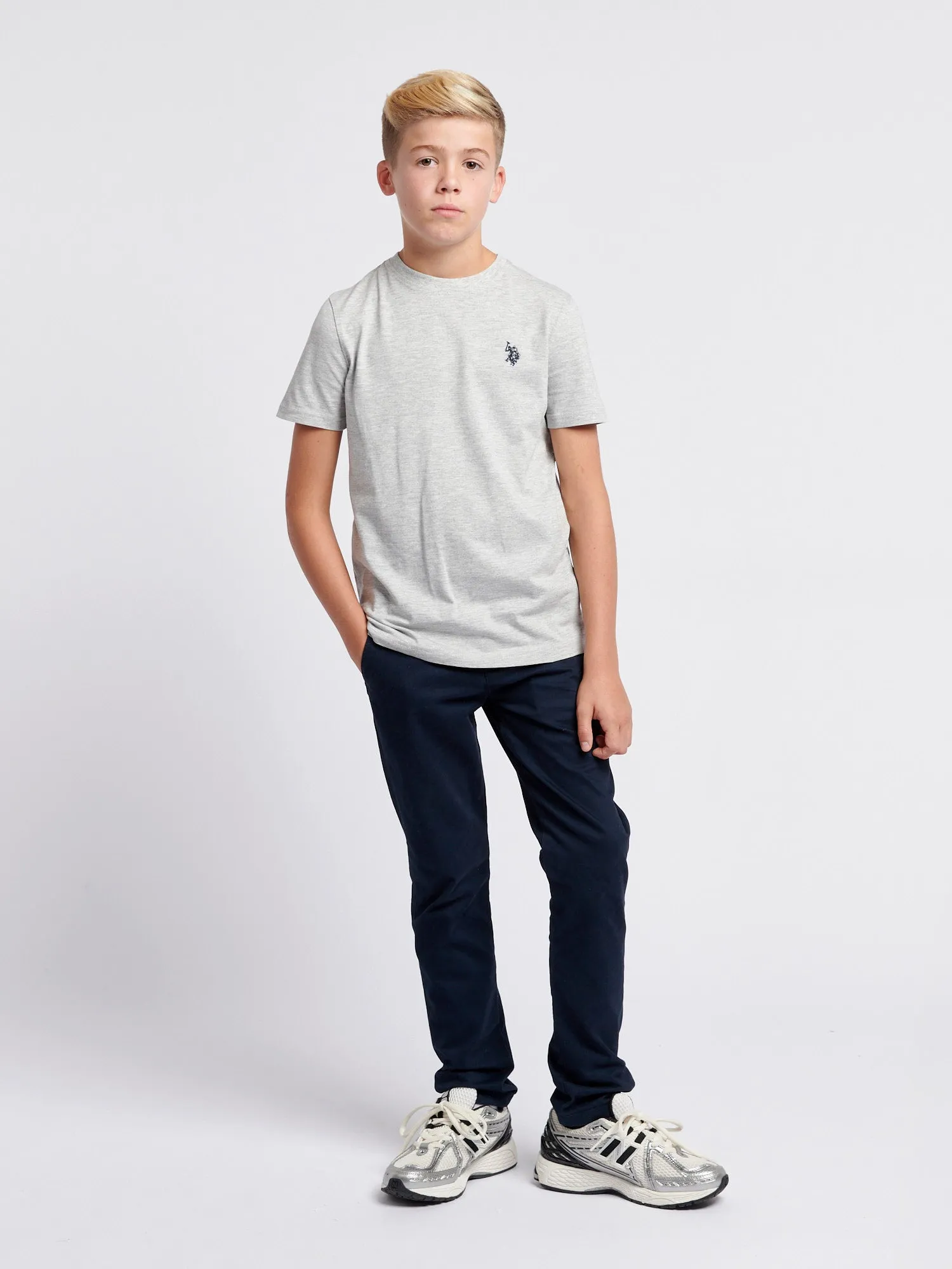 Boys Double Horsemen T- Shirt in Mid Grey Marl
