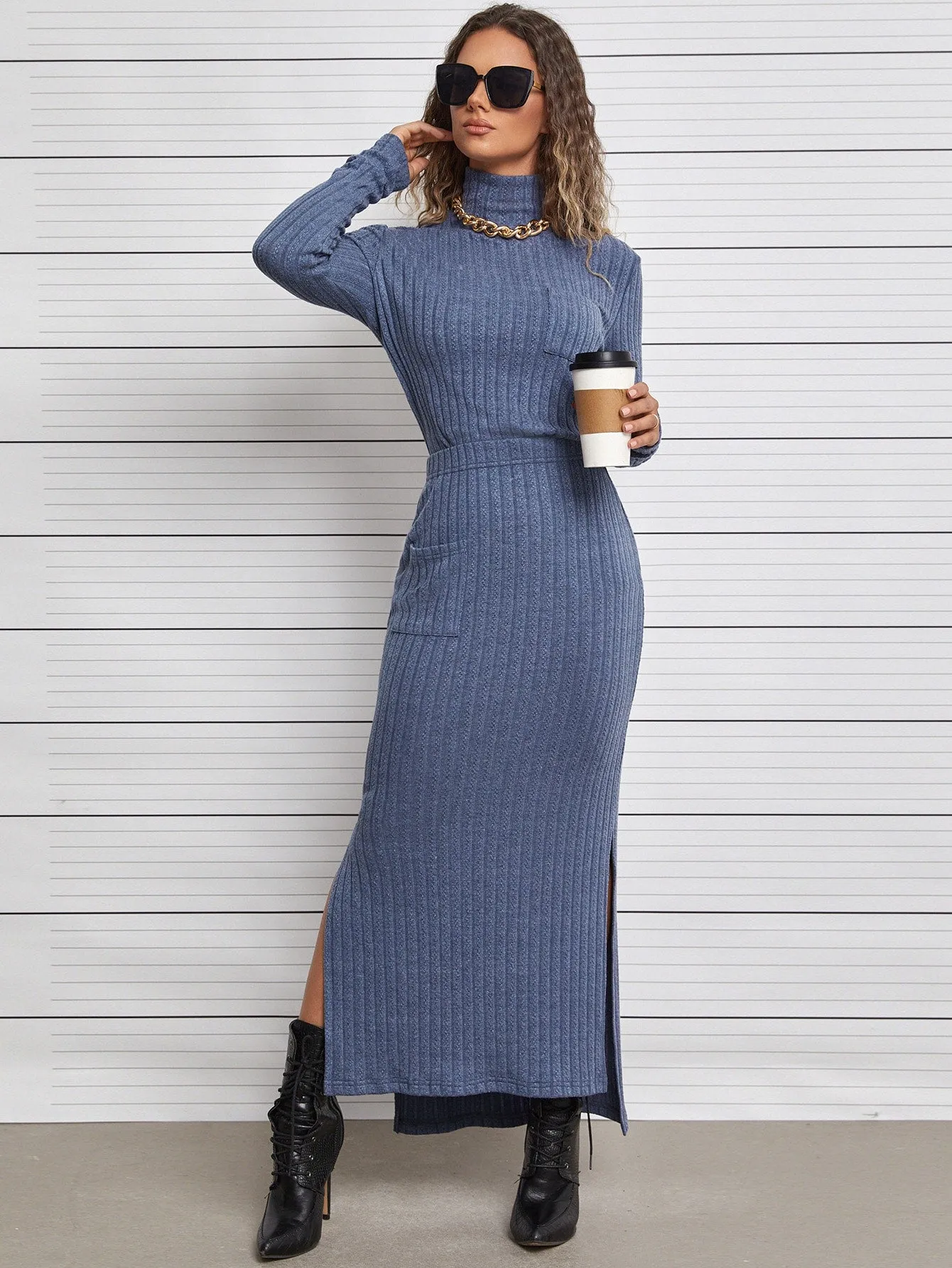 Casual Plain Rib-Knit High Waist Maxi Women Skirt