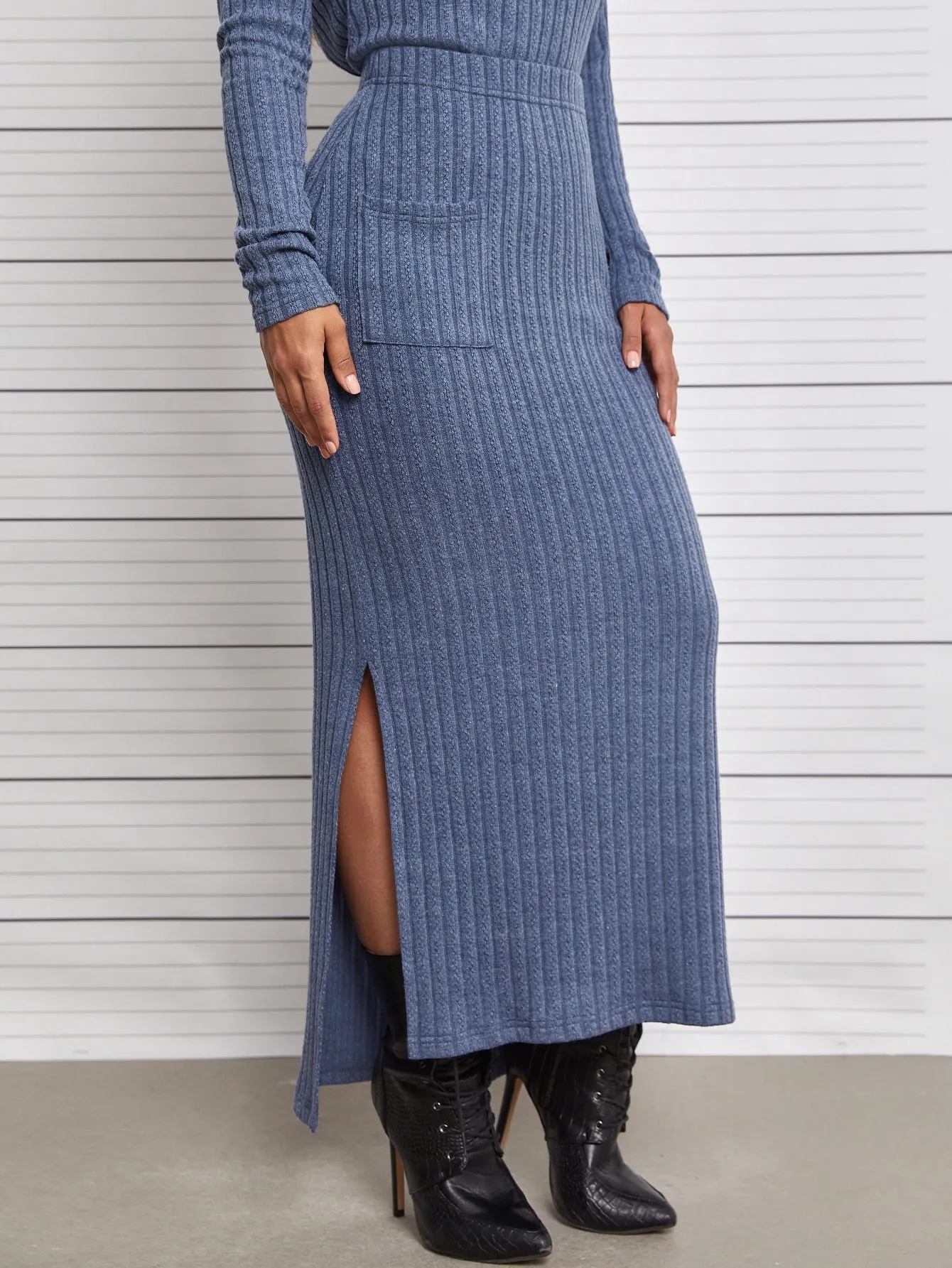 Casual Plain Rib-Knit High Waist Maxi Women Skirt