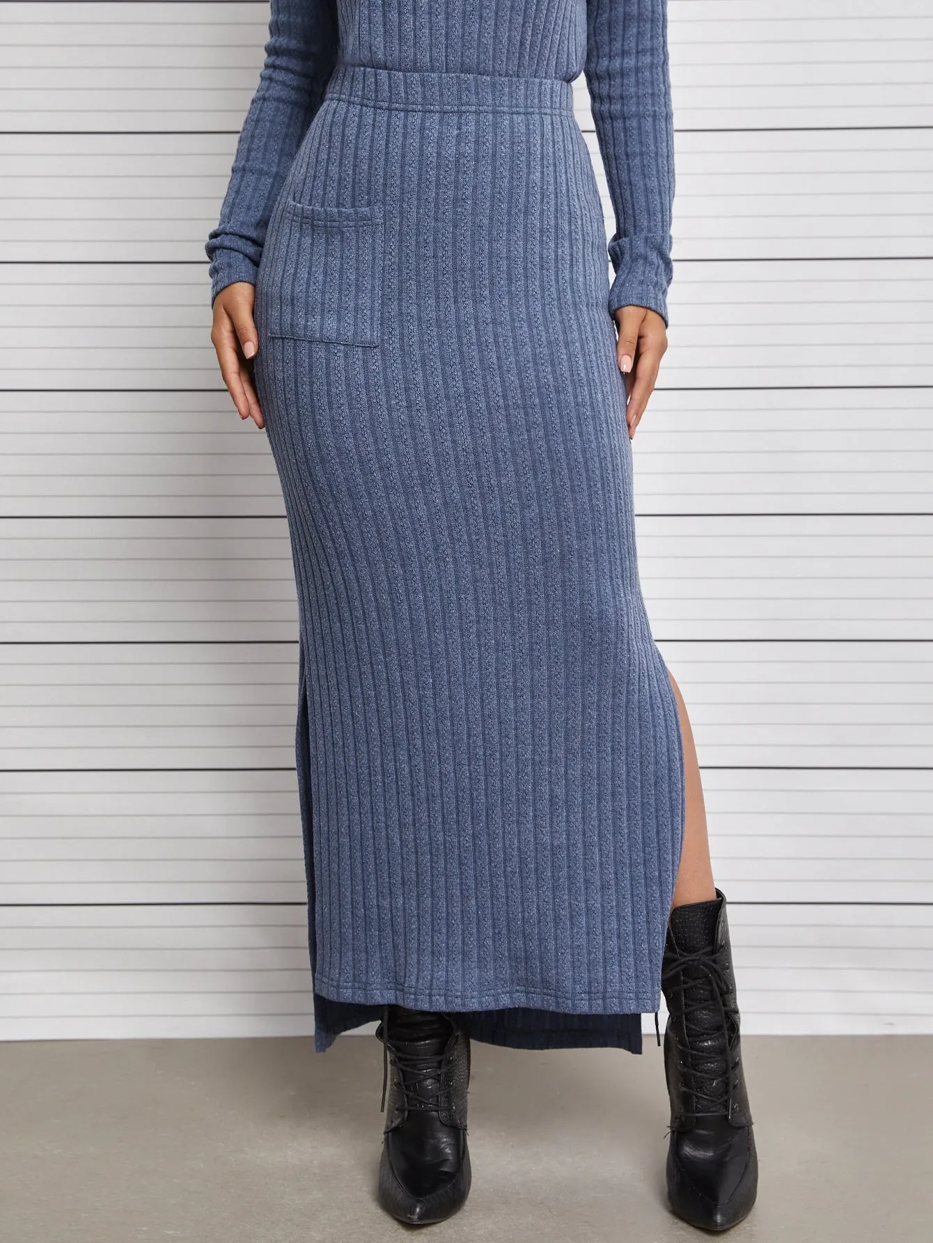 Casual Plain Rib-Knit High Waist Maxi Women Skirt