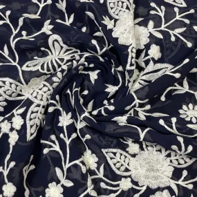 Classic Dark Blue Parsi Gara Embroidery Georgette Fabric
