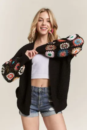 Full Size Contrast Crochet Open Front Long Sleeve Cardigan Plus Size