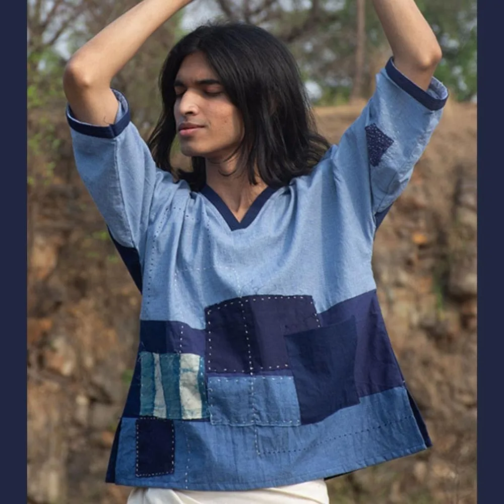 Indigo Patched Classic V Neck Top | Colour Block | Monochrmome Look | Hand-Crafted