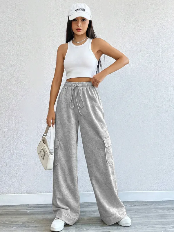 Jazlyn Workwear Wide-leg Casual Pants Casual Style High Waist Pocket Pants