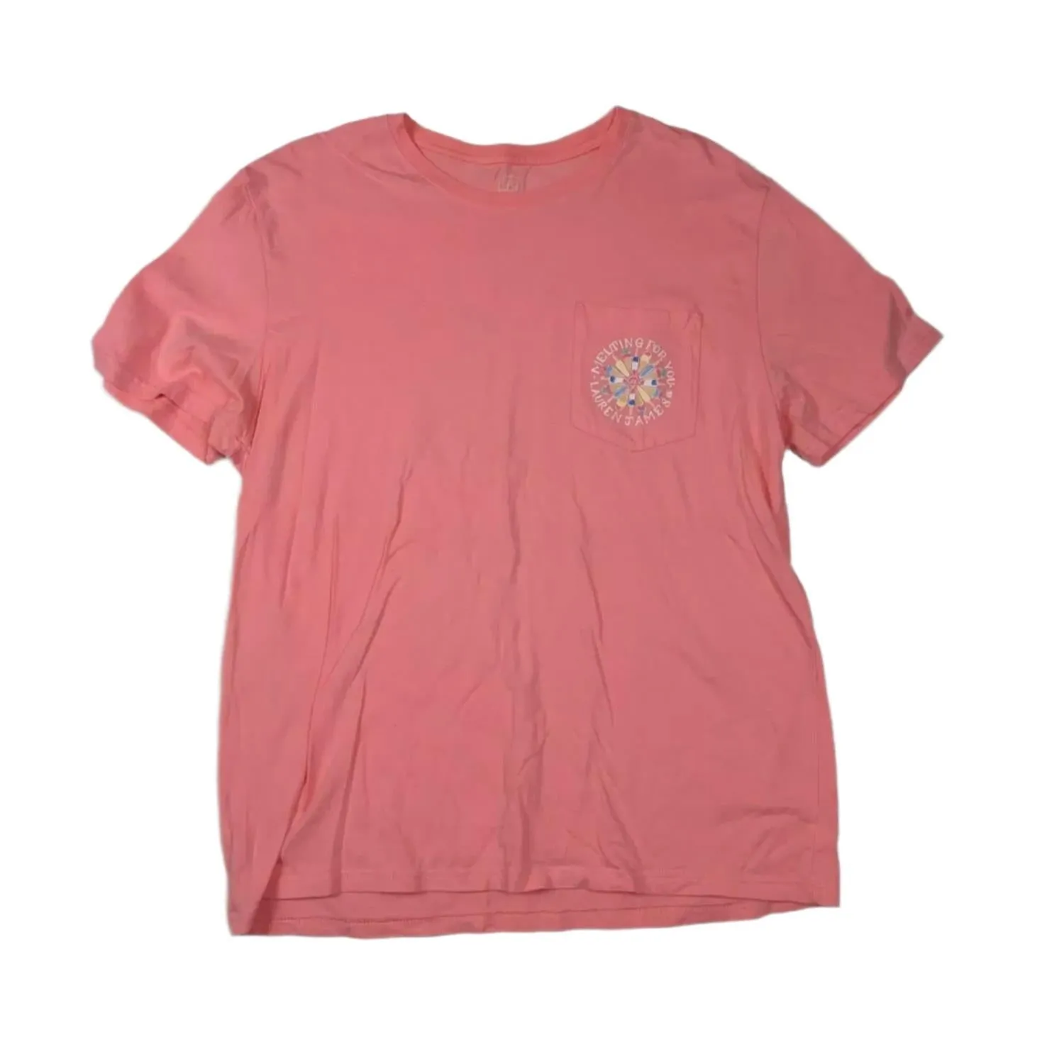 Lauren James Women's Short Sleeve Crew Neck Graphic T-Shirt w/Front Pocket Coral Pink