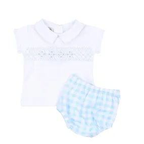 Magnolia Baby Boys Blue Checks Smocked Collared Diaper Set
