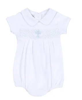 Magnolia Baby Boys White Blessed Bubble - Smocked Blue Cross