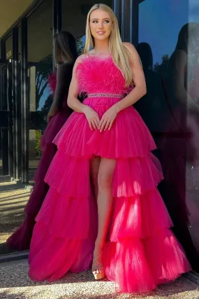 Marie| A-line High-Low Strapless Ruffled Tulle Prom Dress with Feathers