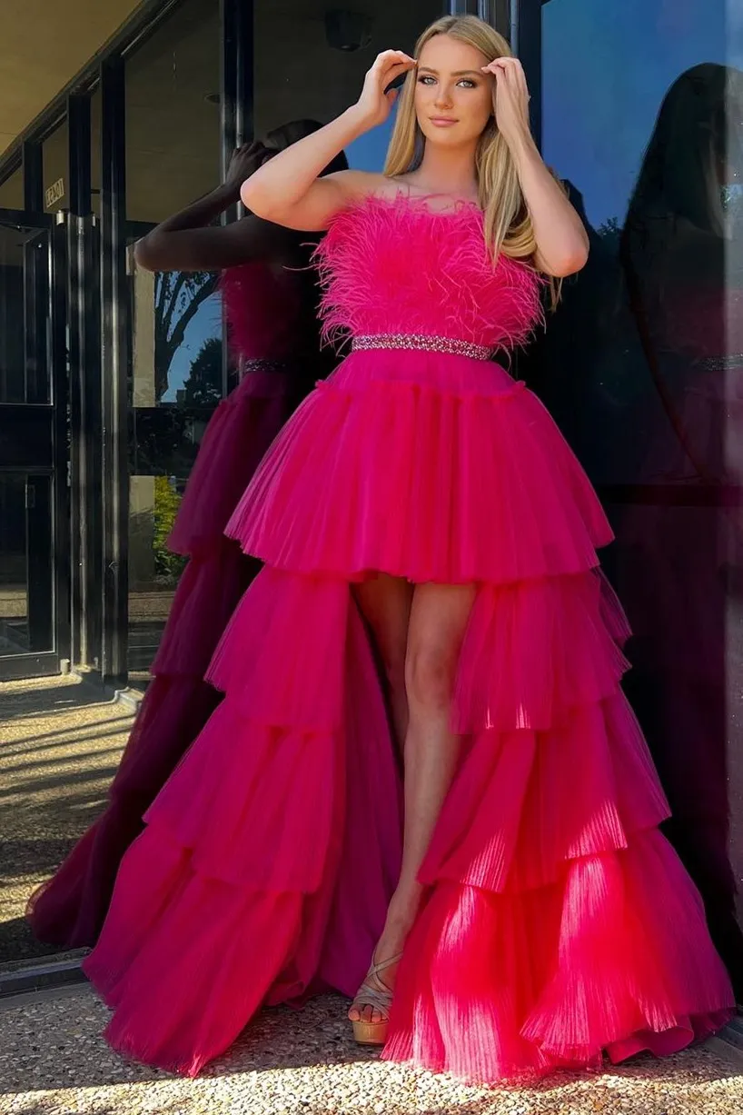 Marie| A-line High-Low Strapless Ruffled Tulle Prom Dress with Feathers