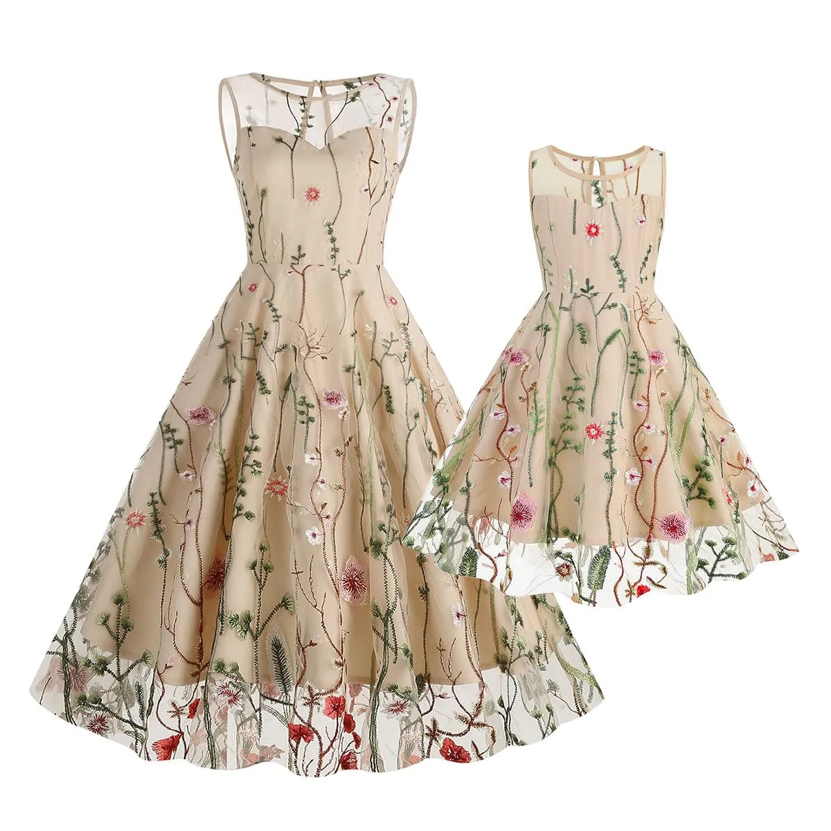 Mommy and Me Matching Floral Dresses Mom and Daughter Dress Women Mesh Flower Embroidered Dress Girls Tulle Embroidery Dress