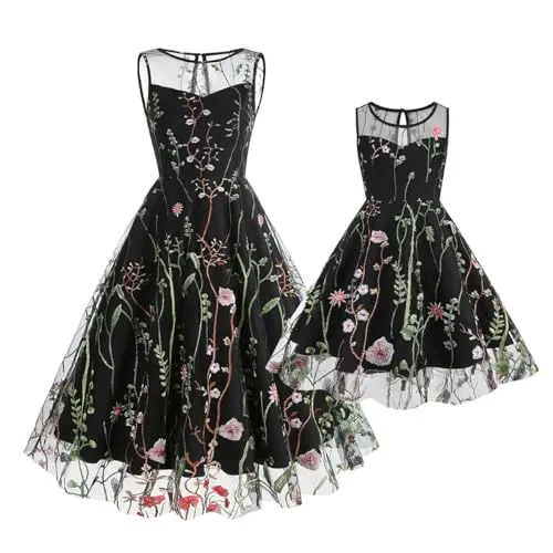 Mommy and Me Matching Floral Dresses Mom and Daughter Dress Women Mesh Flower Embroidered Dress Girls Tulle Embroidery Dress