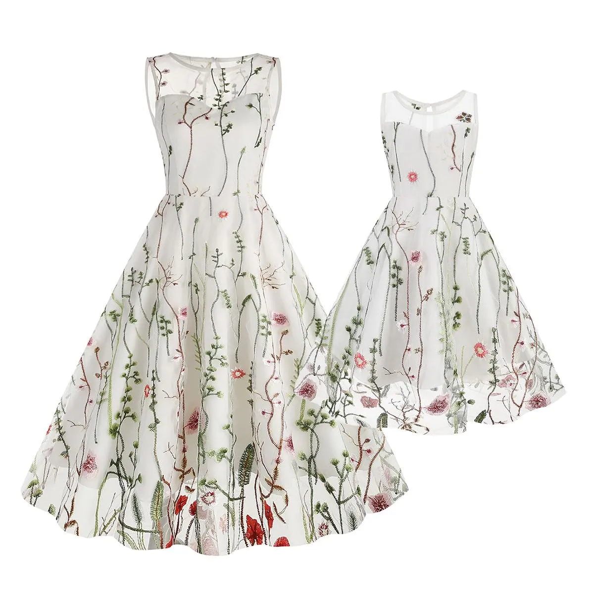 Mommy and Me Matching Floral Dresses Mom and Daughter Dress Women Mesh Flower Embroidered Dress Girls Tulle Embroidery Dress