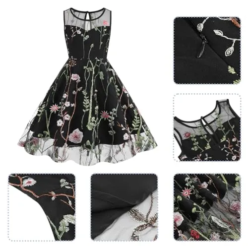 Mommy and Me Matching Floral Dresses Mom and Daughter Dress Women Mesh Flower Embroidered Dress Girls Tulle Embroidery Dress