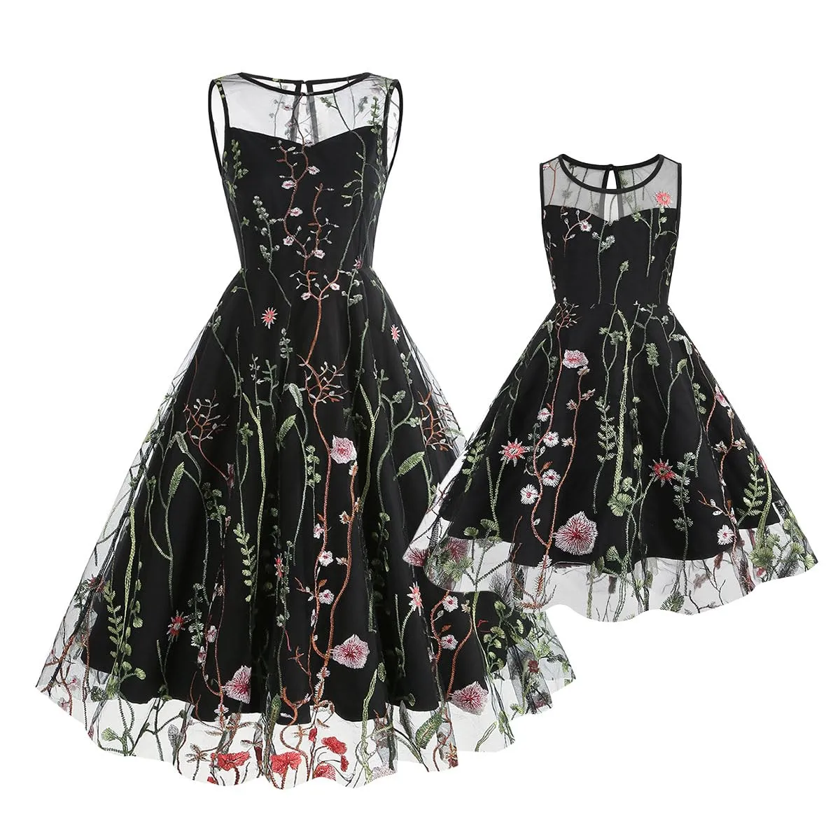 Mommy and Me Matching Floral Dresses Mom and Daughter Dress Women Mesh Flower Embroidered Dress Girls Tulle Embroidery Dress
