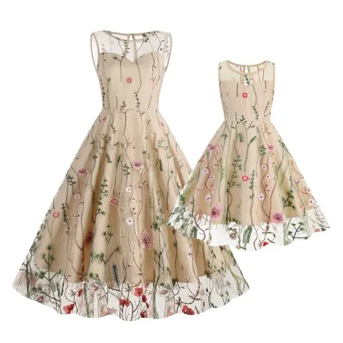Mommy and Me Matching Floral Dresses Mom and Daughter Dress Women Mesh Flower Embroidered Dress Girls Tulle Embroidery Dress
