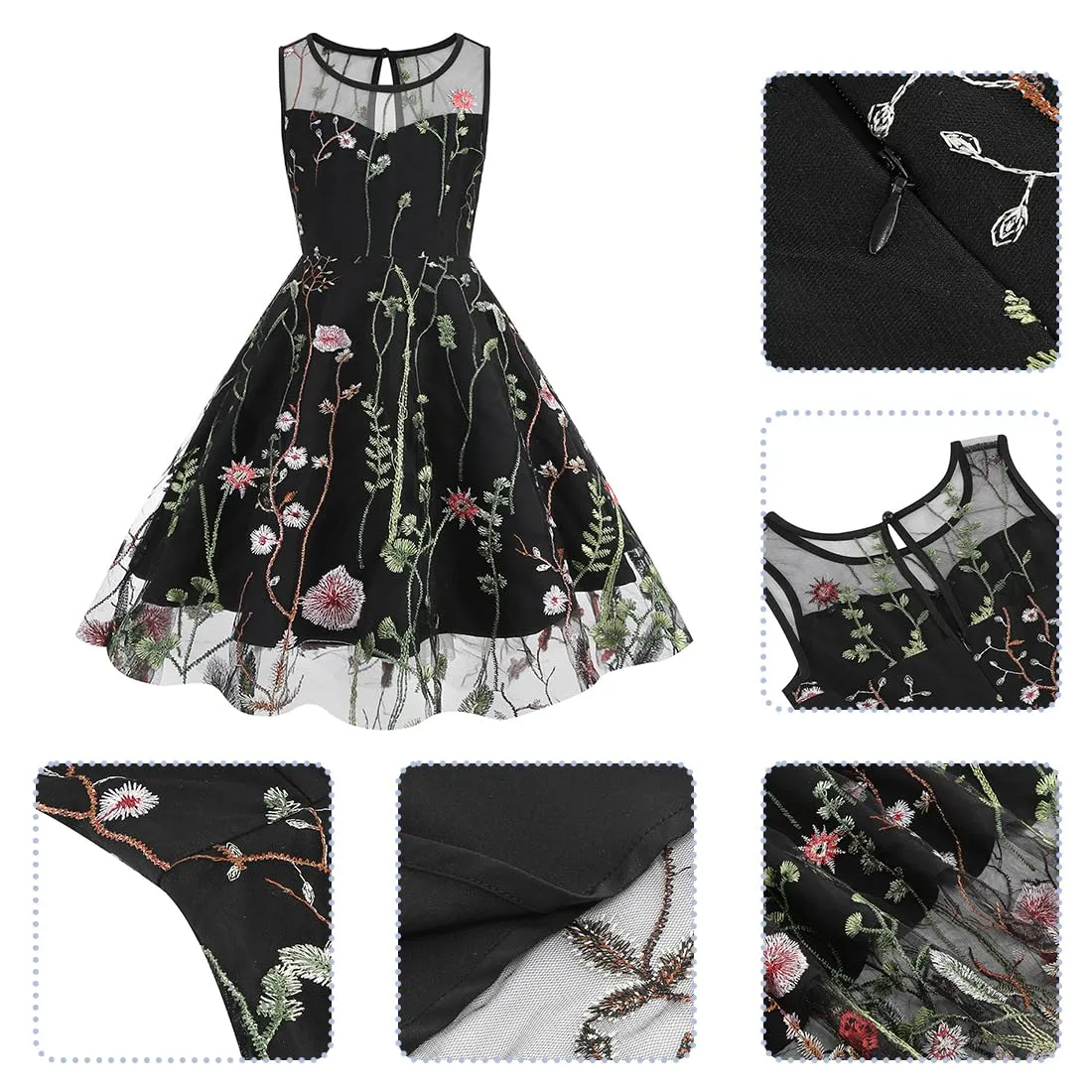 Mommy and Me Matching Floral Dresses Mom and Daughter Dress Women Mesh Flower Embroidered Dress Girls Tulle Embroidery Dress
