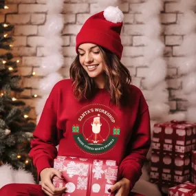 Santa's Workshop: Where Stress Meets Sparkle Women's Sweatshirt with Santa Graphic