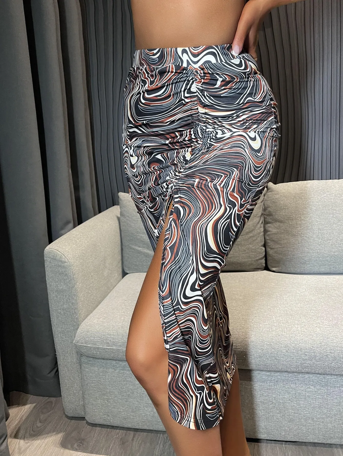 Sexy All Over Print Drawstring High Waist Midi Women Skirt