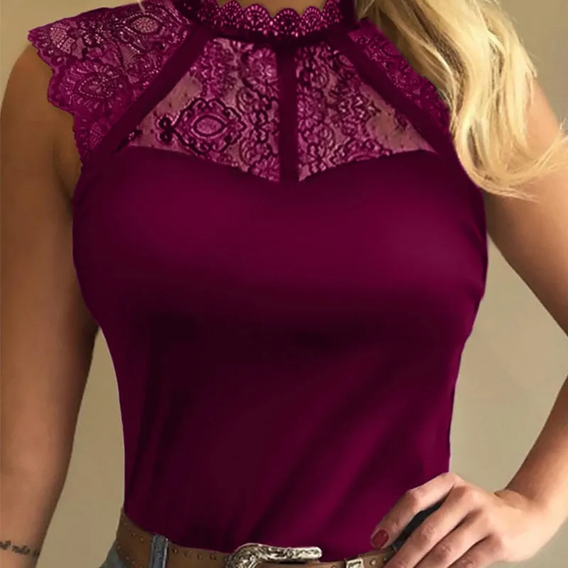 Sleeveless Crew Neck Lace Polka Dot T-Shirt