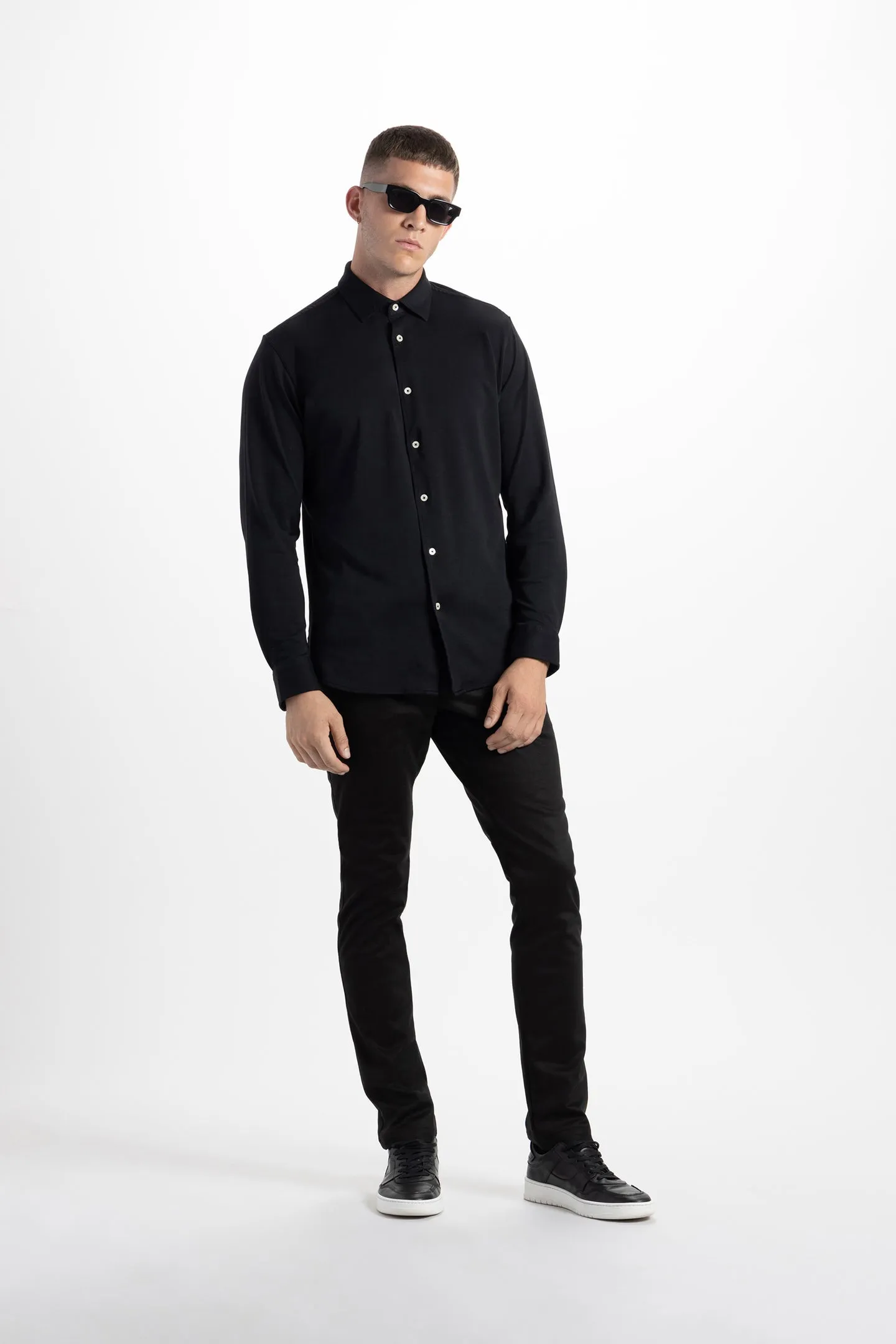 Soft Cloth Point Collar Shirt in Luxe Interlock - Black