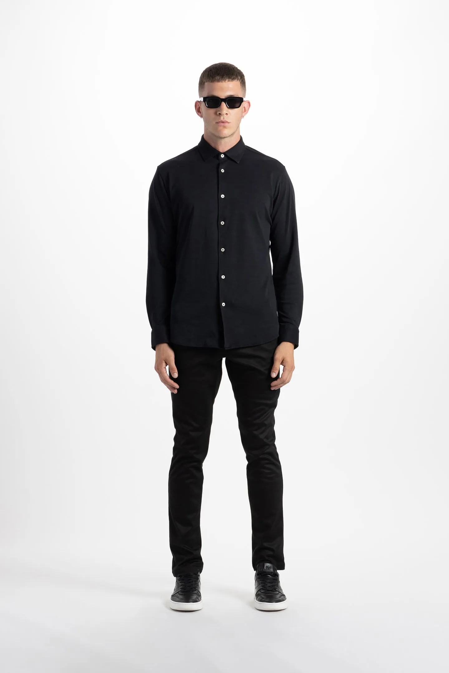 Soft Cloth Point Collar Shirt in Luxe Interlock - Black