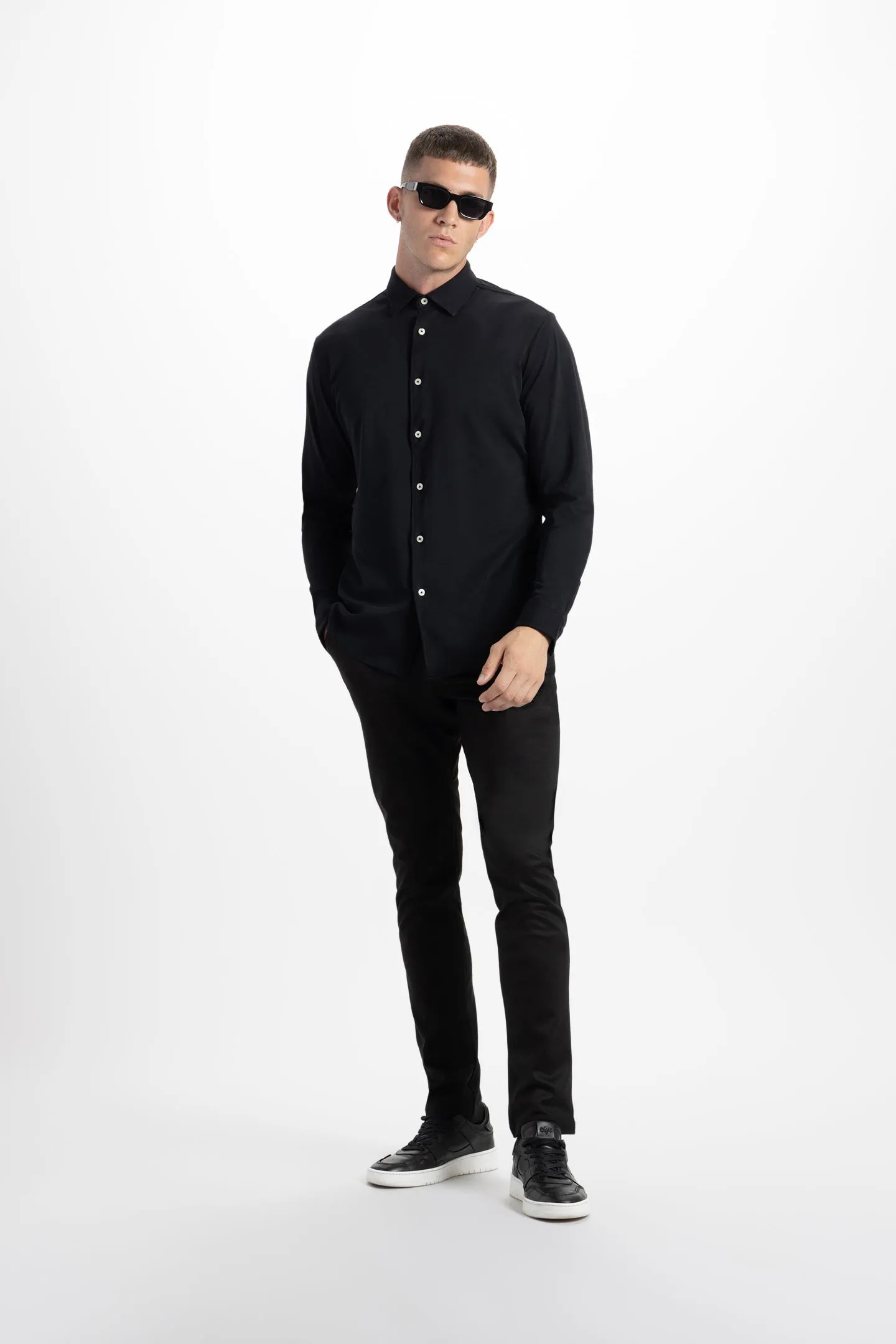 Soft Cloth Point Collar Shirt in Luxe Interlock - Black