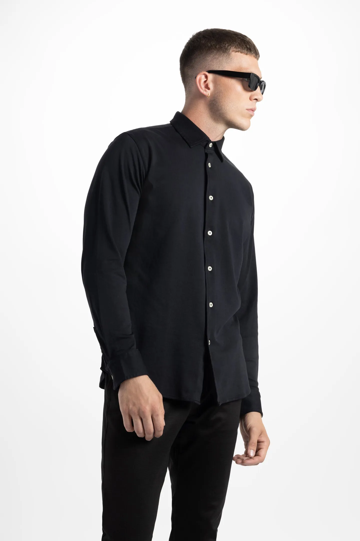 Soft Cloth Point Collar Shirt in Luxe Interlock - Black