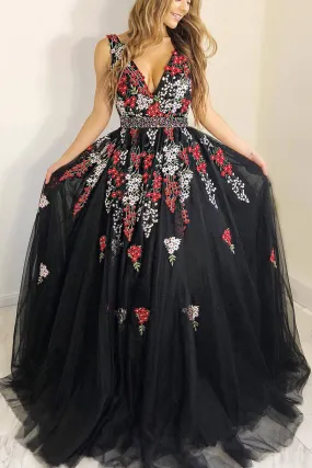 Susie | Princess A-line Black Long Prom Dress with Embroidery